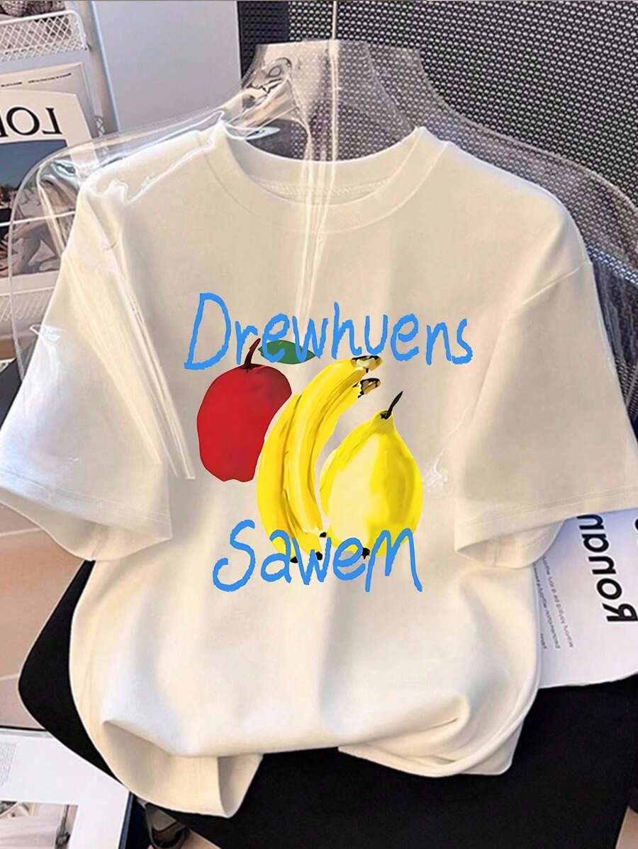 Loose-Fitting Short-Sleeved T-Shirt With Bow Print, Casual Spring/Summer Style, Red - Yellowish-white - View 1