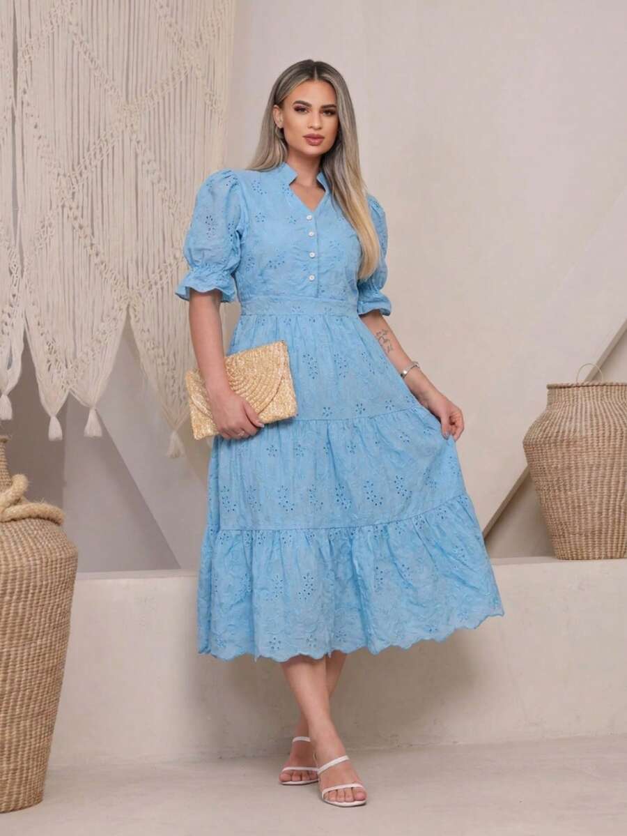 Women's Midi Dress With 3D Embroidery And Plain Design, Functional Button, Elasticated Back And Sleeves, 100% Cotton, For Women. - 純藍色 - 查看 1
