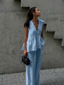 Women's 2-Piece Summer 2026 Set, Consisting Of A V-Neck Vest With Ruffled Hem And Trousers, In A Casual Yet Elegant Style, Made Of Linen, In Yellow. Casual Outfit. - 藍色的 - 查看 1