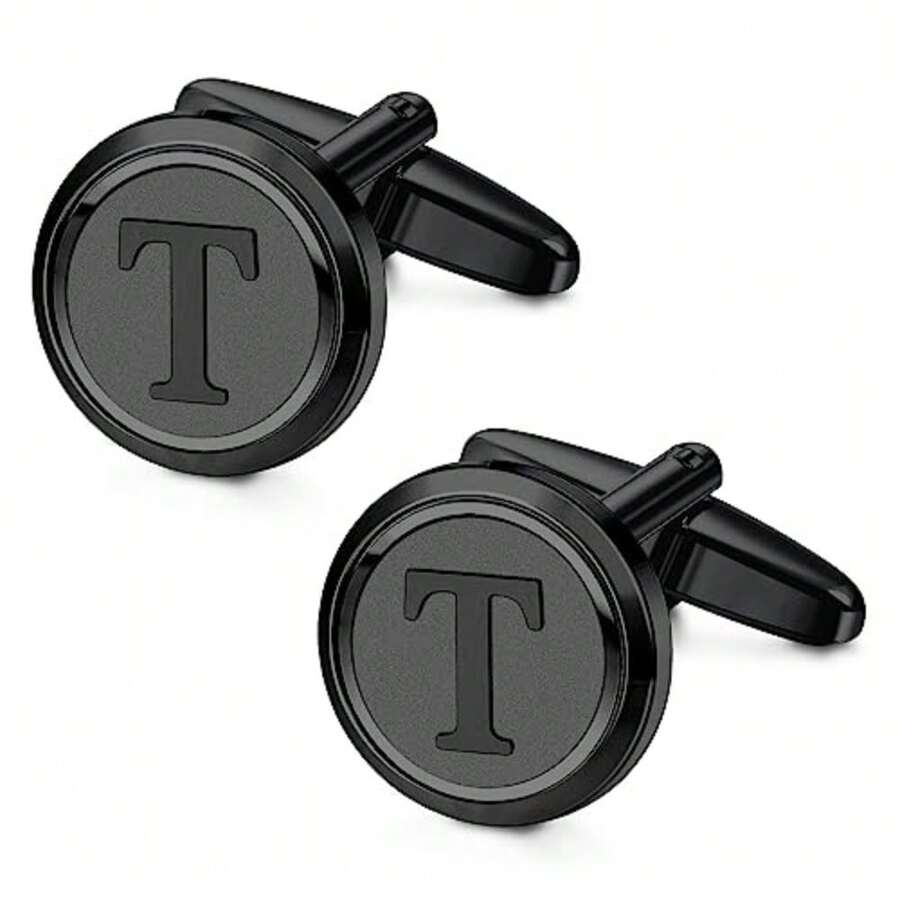Initial Gold Cufflinks For Men Gold Cuff Links Personalized Copper CuffLinks Letter Cufflinks Gift For Groom Husband Father - BlackT - View 1
