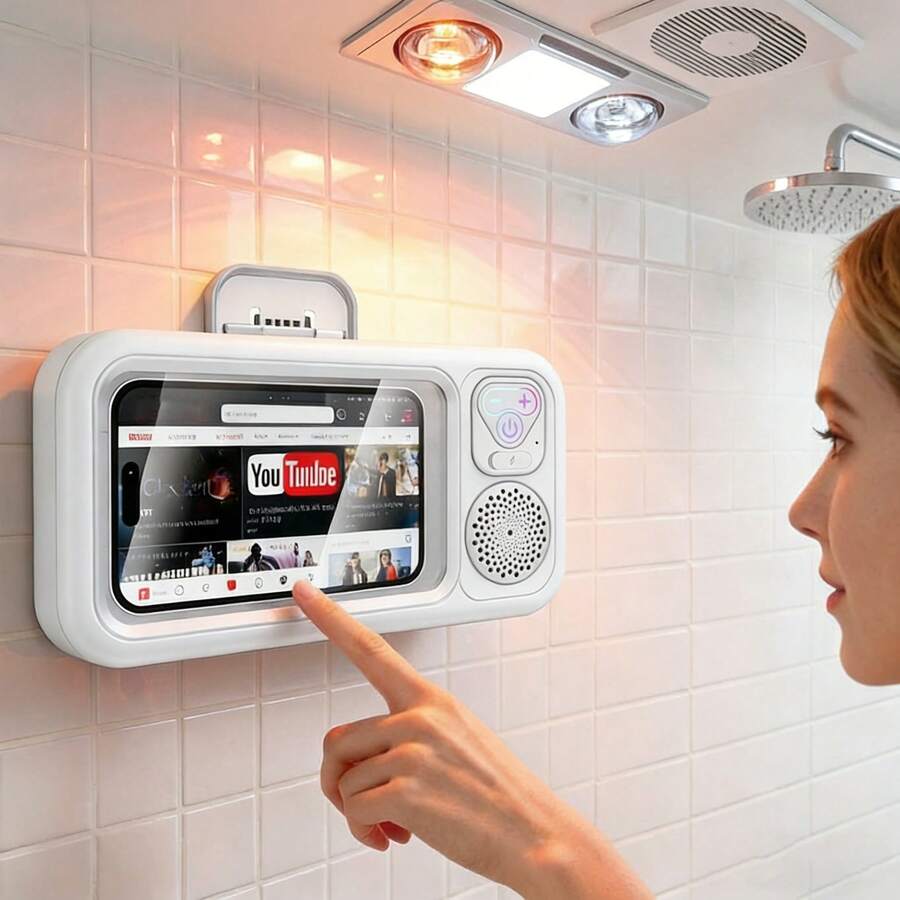 Waterproof Box Speaker, Bathroom Waterproof 360 ° Rotating Touch Screen, Bluetooth Speaker, Watch Movies, Listen To Music, Phone Holder Bluetooth Speaker Audio Shower TV Holder, Swimming Pool, Kitchen, Bathroom, Sink - 白色 - 查看 1
