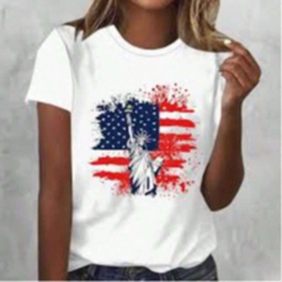 White T-Shirt For Toddlers With Patriotic 4th Of July Print, Casual, Short Sleeve, , Kindergarten Graduation, 4th Of July Girls, Children's Items, Clothing - 軍綠色 - 查看 1