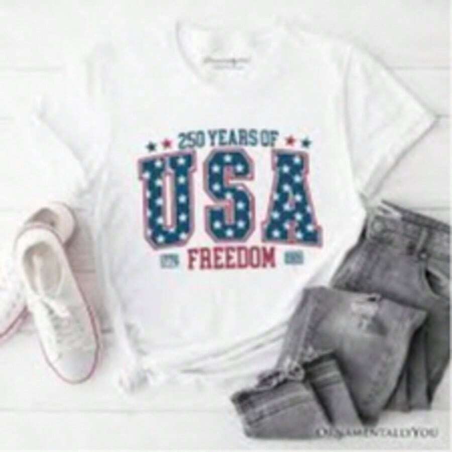White T-Shirt For Toddlers With Patriotic 4th Of July Print, Casual, Short Sleeve, , Kindergarten Graduation, 4th Of July Girls, Children's Items, Clothing - 黑與白 - 查看 1
