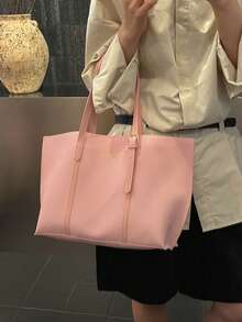 女款 2件組 素色絎縫內袋 時尚大容量肩背組合托特包 磁吸扣開合 街頭休閒 攝影 日常通勤 大包 - 粉色 - 查看 2