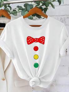 Camiseta de manga corta para mujer con estampado básico, detalle de botones y diseño de pajarita con temática de payaso.Top versátil para uso diario en primavera y verano.Ropa Elegante para - Blanco - Ver 2