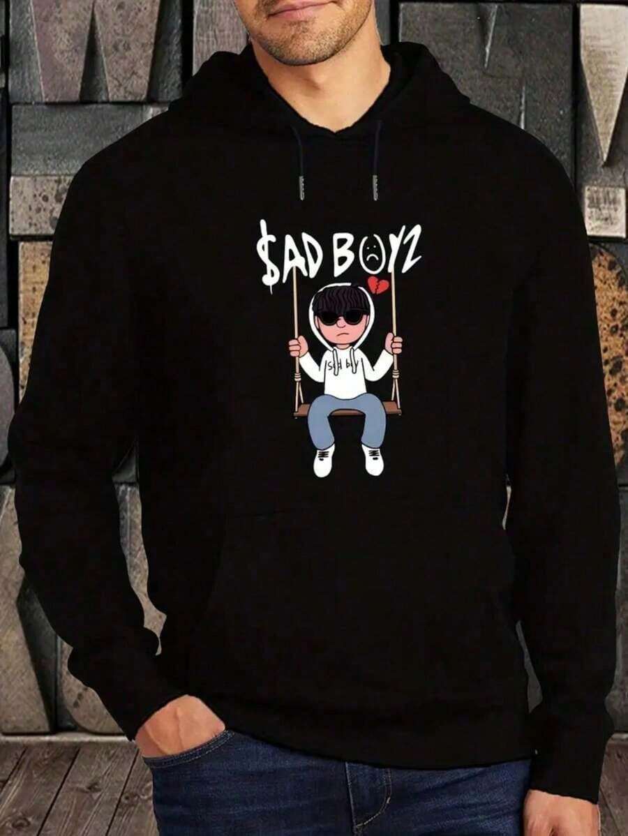Hombre003 Sudaderas de moda para hombre con patrón de columpio de dibujos animados, bolsillo canguro y cordón, manga larga versátil y elegante - Negro - Ver 1