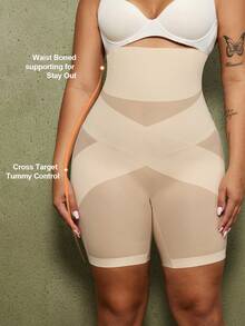 1pc Women High Waist Criss-Cross Girdle, Seamless Tummy Control Butt Lifter Shapewear Shorts, Plus Size - Apricot - View 4