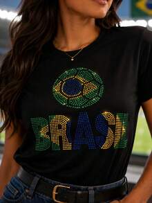 Women's T-Shirt With Brazilian Flag In Rhinestones, World Cup 2026 - BLUE AND BLACK - View 1