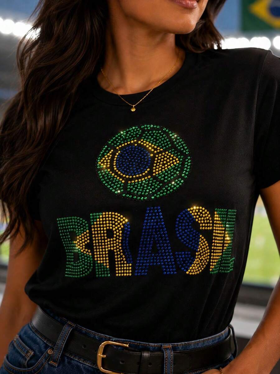 Women's T-Shirt With Brazilian Flag In Rhinestones, World Cup 2026 - BLUE AND BLACK - View 1