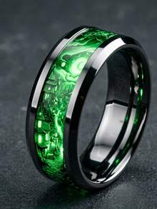 1pc Men's Dark Fairy Tale Ring, Black Tungsten Steel Band With Green Glow-In-The-Dark Fantasy Pattern, Gothic Style, Suitable For Halloween And Party Wear - Silver - View 2