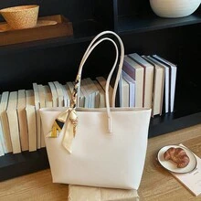1件黑色與金色金屬扣圍巾托特包，奢華高端，Ins熱門風格，通勤優雅，小眾設計，百搭時尚，質感精緻，適合辦公室通勤、商務會議、購物商場、與朋友下午茶、晚宴、週末出遊、咖啡廳探訪、婚禮穿搭，都市洗鍊女性，肩背托特包，精細PU皮革，金屬扣，對比色圍巾，對比縫線 - 白色 - 查看 7