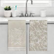 2pcs Pure White Hand-Painted Bow Seamless Pattern Kitchen Towels, Light Khaki Background, Rectangular Microfiber Kitchen Towels, Dish Cloths, Scouring Pads, Hand Towels, Cooking Baking Tea Towels, Kitchen Decor, Housewarming Gift, Birthday Gift, Bathroom Cleaning Wipes, Decorative Towels - Multicolor - View 10