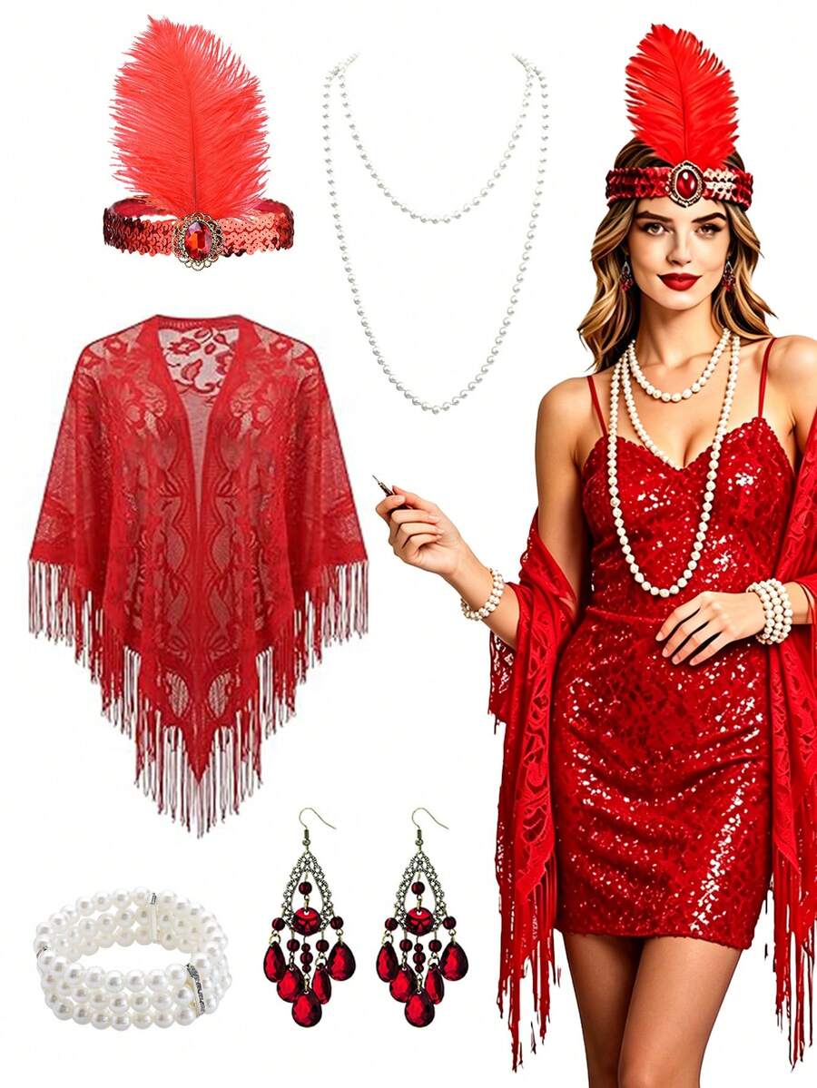 5 piezas Accesorios de disfraz Forever & Moment de los años 1920 para mujer, diadema de flapper, aretes, collar, chal, pulsera para fiesta retro de los 20, boda, fiesta de cóctel - multicolor - Ver 1
