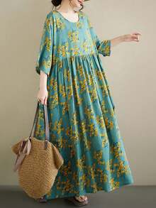 Summer 2026 Striped Dress, Women's Bohemian Casual Beach Vacation Dress. This Loose-Fitting A-Line Dress Features A Round Neck And Batwing Sleeves. - 綠色 3 - 查看 1