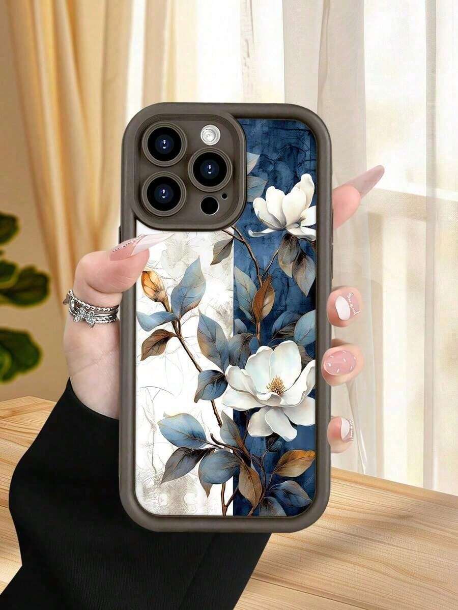 1 pieza funda de teléfono con diseño de magnolias blancas sobre fondo azul y blanco, estilo artístico y elegante, TPU suave, protección completa antiimpacto y antideslizante, compatible con iPhone17 ProMax/16/15/14/13/12/11/Plus/Pro/ProMax, compatible con Galaxy A34/A35/A54/A55, Galaxy S20/S21/S22/S23/S24/S25 Ultra/Plus, compatible con Galaxy/Redmi/Honor/OPPO/ViVo - Burdeos 2 - Ver 1