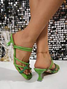 New Shiny Patent Leather Handmade Braided Thin Strap Criss-Cross Square Toe Open Toe Stiletto Heel Sandals For Women, Double Ankle Wrap Adjustable Metal Buckle Backless Kitten Heel High Heels, Summer Fresh Skin-Flattering Elegant Fairy Shoes, Beach Vacation Beach Outfit Versatile Match Dress Evening Gown Slimming Foot-Flattering Soft Sole Comfortable Non-Tiring Walking Party Gathering Atmosphere Shoes, European And American Influencer Style Light Luxury Niche Design Outdoor Wear Thin Strap High Heel Women's Sandals, Multiple Sizes Available - Green - View 3
