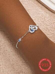 1 chiếc vòng tay nữ bằng bạc 925 thanh lịch và tinh tế hình bướm và trái tim đính đá Cubic Zirconia, thích hợp đeo hàng ngày, dự tiệc, ngày lễ, hẹn hò hoặc làm quà tặng. - Bạc - Xem 2