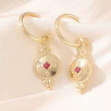 Vintage Gold Round Dangle Earrings, Square Red Zirconia Inlaid, Handmade Metal Craft, Medieval Bohemian Style Pendant, Daily Wear And Gift Accessory - Gold - View 5