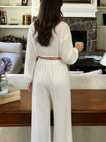 Nina Bonheur 2pcs Women's Comfortable Front Tie Print Long Sleeve Pajama Set With Elastic Waist Shorts - White - View 5
