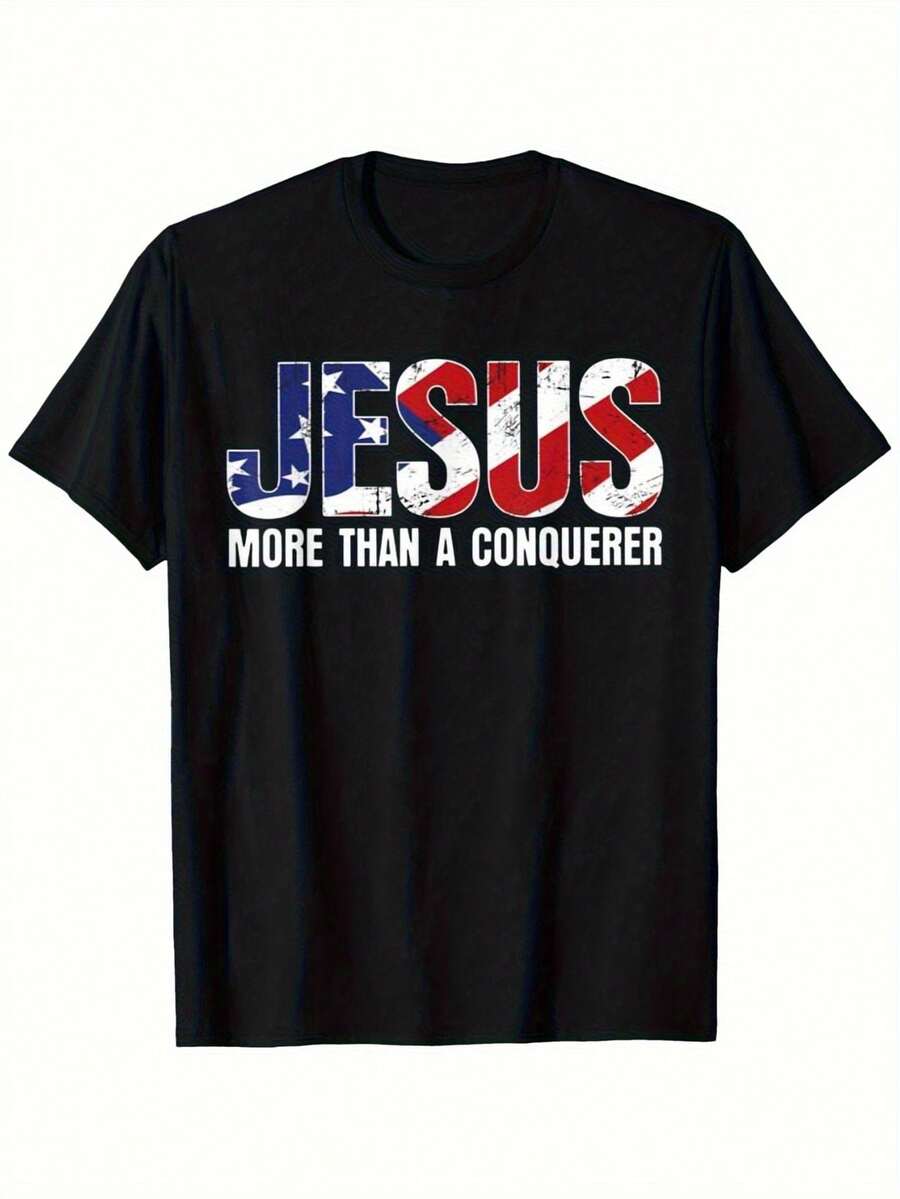 Camiseta% algodón Conqueror's Above - Ropa de fe cristiana, diseño inspirado en la bandera estadounidense, ligera, de manga corta y cuello redondo, para uso casual y deportivo, adecuad - Negro - Ver 1