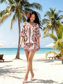 Elegant Women's Summer Bohemian Style Printed 2-Piece Set, Including V-Neck Tie-Waist Top And Wrap Mini Skirt, Suitable For Vacation, Beach Outing And Daily Wear - Multicolor - View 7