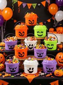 4pcs Halloween Candy Bucket Box Set, Halloween Candy Storage, Vintage Bucket Style Plastic Gift Candy Box Bag, Halloween Party Gift Packaging Box, Halloween Decorations, Halloween Home Decor, Room Decor, Halloween Table Decor, Cute Ghost Face "Trick Or Treat" Candy Gift Box Mini Bucket, Halloween Party Favors, Halloween "Trick Or Treat" Party Table Decor Supplies, Cute Halloween Table Centerpiece - Halloween Cute Bucket - View 2