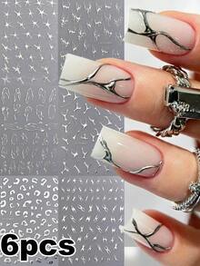 6sheets 3D Metallic Abstract Silver Nail Stickers, Asymmetric Leopard, Star, Curve Line, Multi-Style Nail Decals, Mixed Multi Pattern Design Y2K Self-Adhesive Nail Art Stickers, DIY Manicure Decorations For Nail Salon & Home Nail Art - Multicolor - View 2