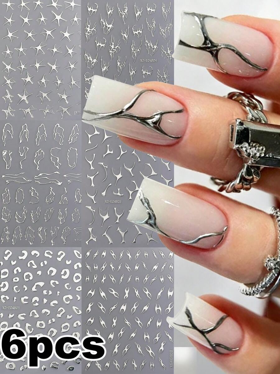 6sheets 3D Metallic Abstract Silver Nail Stickers, Asymmetric Leopard, Star, Curve Line, Multi-Style Nail Decals, Mixed Multi Pattern Design Y2K Self-Adhesive Nail Art Stickers, DIY Manicure Decorations For Nail Salon & Home Nail Art