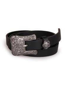 1pc Men's Vintage Carved European & American Casual Slim Belt, Black Versatile Classic Waist Belt - A - View 1