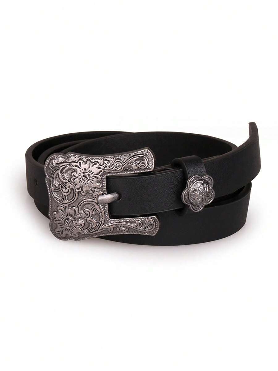 1pc Men's Vintage Carved European & American Casual Slim Belt, Black Versatile Classic Waist Belt - A - View 1