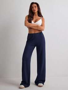 Women's Casual Solid Color Wide Leg Pants - Navy Blue - View 5