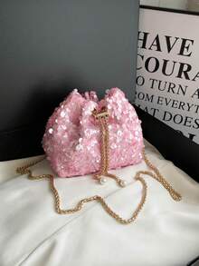 Pink All-Over Sequin Drawstring Mini Bucket Bag, Exquisite Metal Chain Shoulder Bag, Niche Party Evening Clutch - Pink - View 12