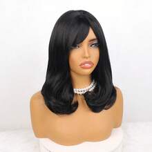 Medium Length Straight Wavy Wig With Bangs, Bio Organic, Identical To Human Hair, Premium RONISE +WIGCAP 1B/ Black - 1B - 查看 2