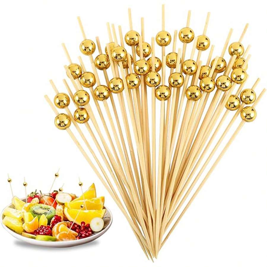 50/100/200/300pcs Gold Pearl Premium Fruit Picks, Salad Picks, Cake Picks, Suitable For Office, Travel, Birthday Party, Wedding, Christmas, Back To School, Holiday Celebration, Birthday Decoration, Home Decor, Pool Party And More - Gold - View 1