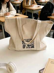 手提包與配套化妝包，書本圖案，印有「BOOK CLUB」，極簡主義購物袋，米色休閒風格，便攜式盥洗包，後背包，大容量，便攜，適合青少年女孩、女性、大學生、白領職員，完美適用於工作、返校、中學、高中、大學、假期、教師節禮物 - 彩色 - 查看 3