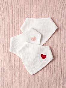 3pcs/Set Baby Bibs, Heart Embroidery, White Solid Color Suitable For Unisex Newborns And Infants, Pure Cotton Crinkle Fabric Soft And Absorbent, All-Season Style, Gift, Daily Essential. - Multicolor - View 5
