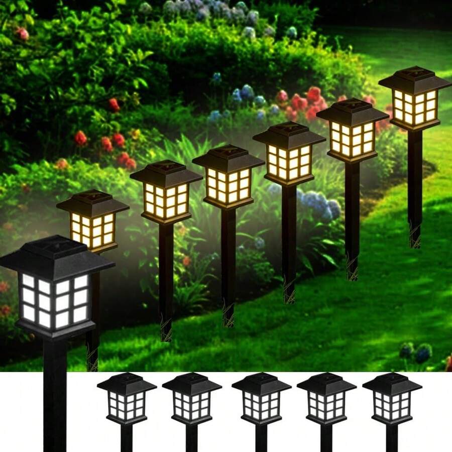 2入組與6入組 LED 太陽能花園燈，塑膠戶外燈籠式路徑照明燈，600mAh 鎳電池供電，簡易安裝，適用於走道、庭院與社區裝飾－白光、暖光與彩色光 - Small House - 查看 1