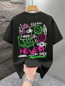 Men's Black Oversized Tee With Neon Green Hot Pink Doodle Monster &  Print, Edgy Y2K Skater Streetwear Top - 黑色 - 查看 4