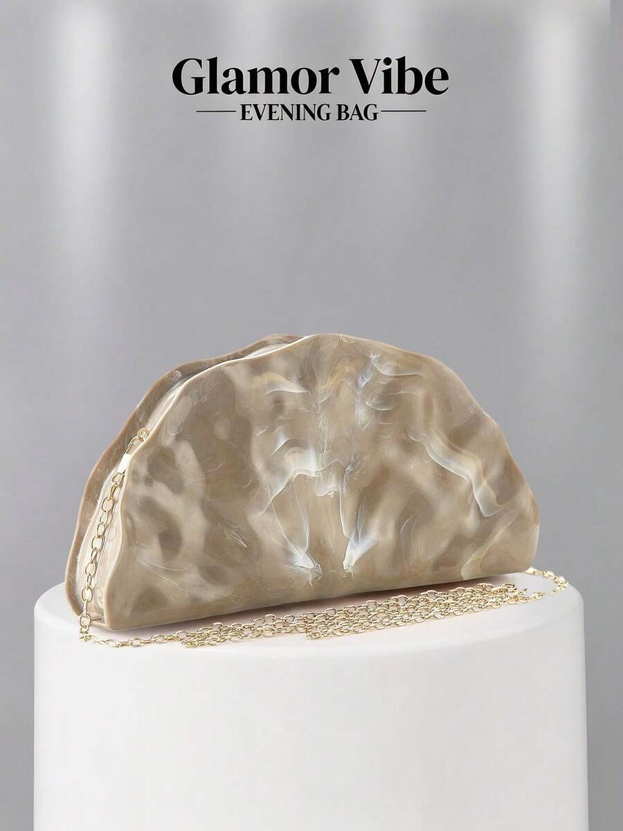 Vintage Metal Fan-Shaped Design Evening Clutch, Gold Formal Occasion, Party, Ball Unique Style Shoulder Bag For Women - Champagne - View 1