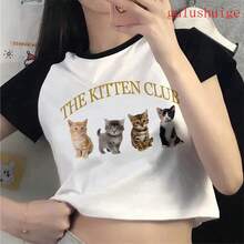 Camiseta Corta Divertida con Estampado de Gato para Mujer, Estilo Ulzzang, Años 2000, Camiseta Gótica para Mujer, Camiseta de los 90 - 6097 - Ver 19