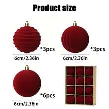 12 Red Flocked Flocked Christmas Balls, Elegant Christmas Tree Ornaments, Suitable For Home Decor And Seasonal Party Celebrations - Multicolor - View 7