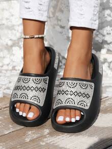 Sandalias tipo pantuflas de suela gruesa con strass y lentejuelas para adolescentes primavera/verano, suela blanda simple, cómodas y silenciosas para baño, dormitorio, oficina, playa, hogar, interior/exterior - Negro - Ver 2