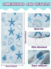 1PC Bohemian Style Light Blue Starfish Conch Seashell Pattern Large Microfiber Beach Towel, Quick Dry Soft Skin-Friendly Wear-Resistant Beach Towels For Swimming Outdoor Beach Vacation Travel Supplies, Father's Day Gift - Multicolor - View 4