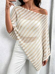 Plus Size Casual Striped Colorblock Asymmetric Design Cape Knit Top Summer - Khaki - View 2