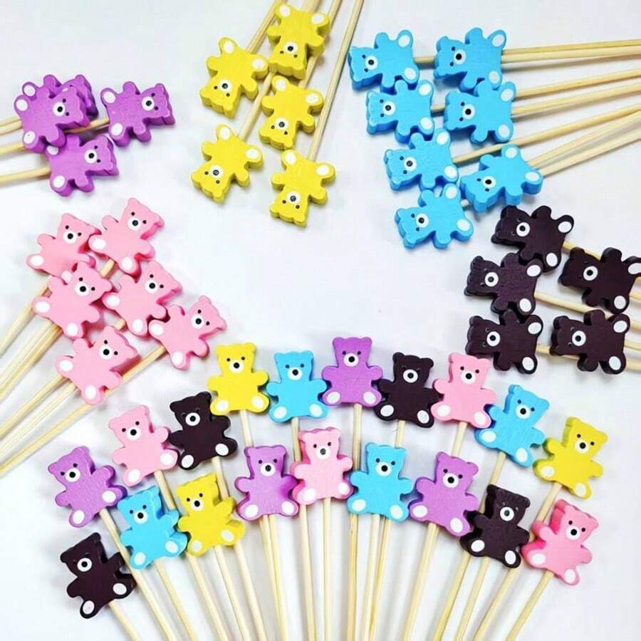 Creative Colorful Bear-Shaped Fruit Picks & Cocktail Picks, Bamboo Food Picks, Suitable For Parties - Multicolor - View 1