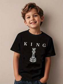 Short-Sleeved T-Shirt With Round Neck And Casual Graphic Print For Children And Teenagers, Summer Top - 黑色 - 查看 1