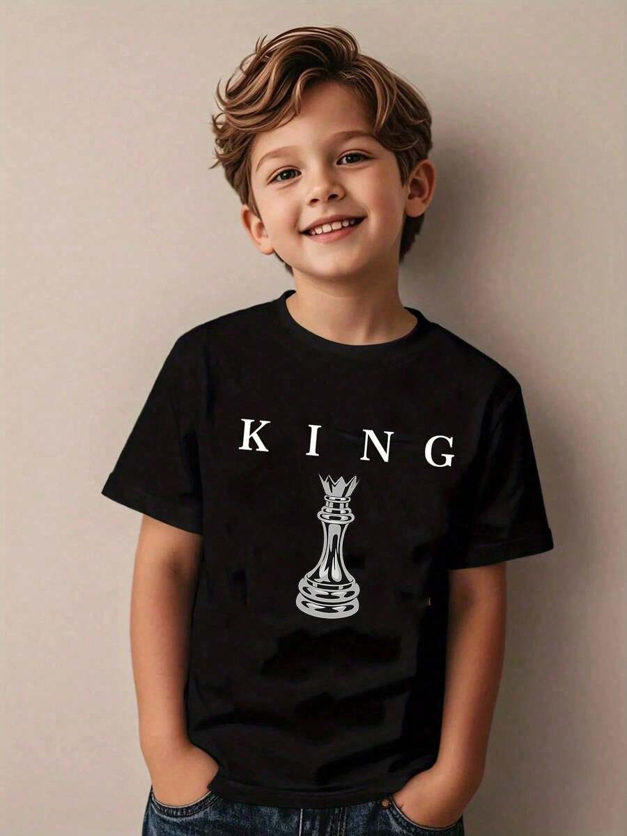 Short-Sleeved T-Shirt With Round Neck And Casual Graphic Print For Children And Teenagers, Summer Top - 黑色 - 查看 1