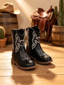 1 Pasang Sepatu Bot Koboi Western Bordir Hitam Unisex Anak-Anak, Resleting Samping, Hak Rendah, Setengah Betis, Sepanjang Musim - Hitam - View 7