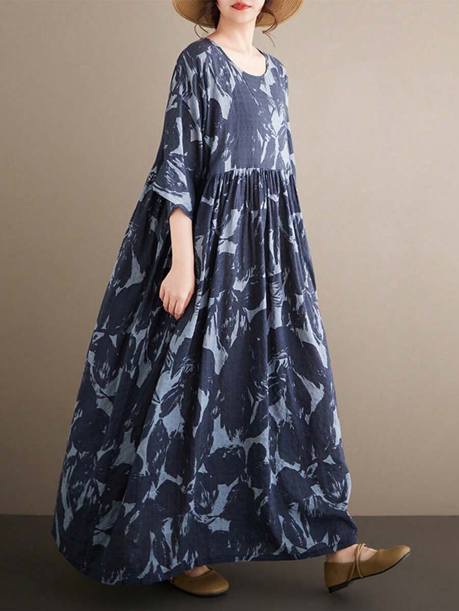 Summer 2026 Striped Dress, Women's Bohemian Casual Beach Vacation Dress. This Loose-Fitting A-Line Dress Features A Round Neck And Batwing Sleeves. - 海軍藍 3 - 查看 1