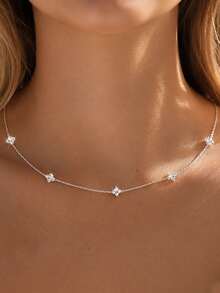 Silver Delicate Four-Leaf Flower Necklace, 304 Stainless Steel With Crystal Inlay, Waterproof Rust-Proof Hypoallergenic Minimalist Layered Chain Jewelry, Birthday Valentine's Day Gift, Suitable For Daily Wear - Silver - View 6